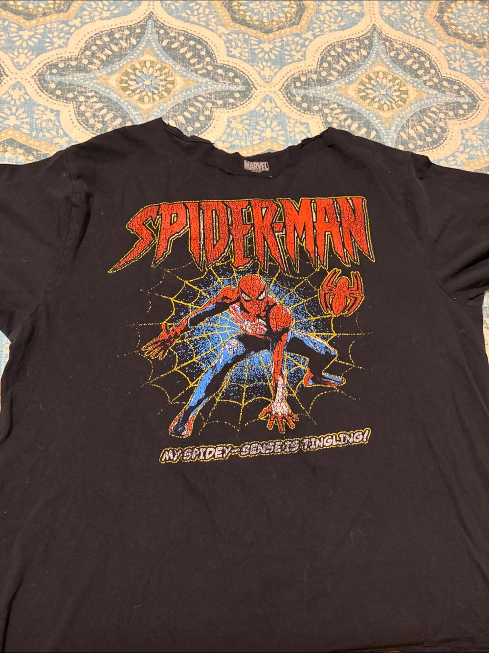 Marvel Spider-Man Short Sleeve Tee - Black with Red & Blue Med cut collar